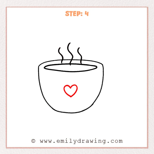how to draw a coffee cup - A coffee cup with steam now includes a small heart logo centered on the front.
